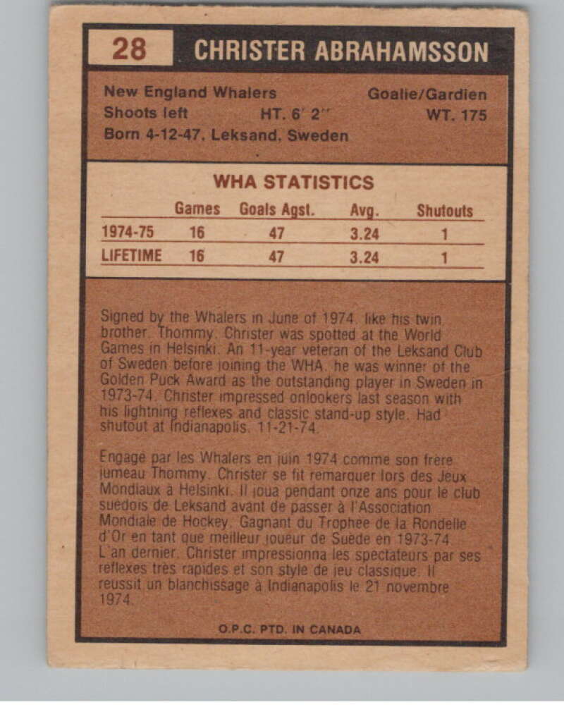 1975-76 O-Pee-Chee WHA #28 Christer Abrahamsson RC Rookie Whalers V103163 Image 2