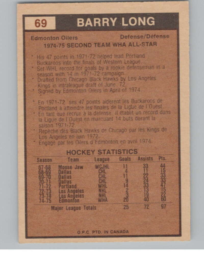 1975-76 O-Pee-Chee WHA #69 Barry Long AS Edmonton Oilers V103207 Image 2