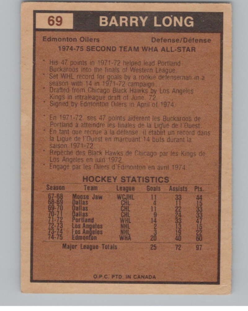1975-76 O-Pee-Chee WHA #69 Barry Long AS Edmonton Oilers V103208 Image 2