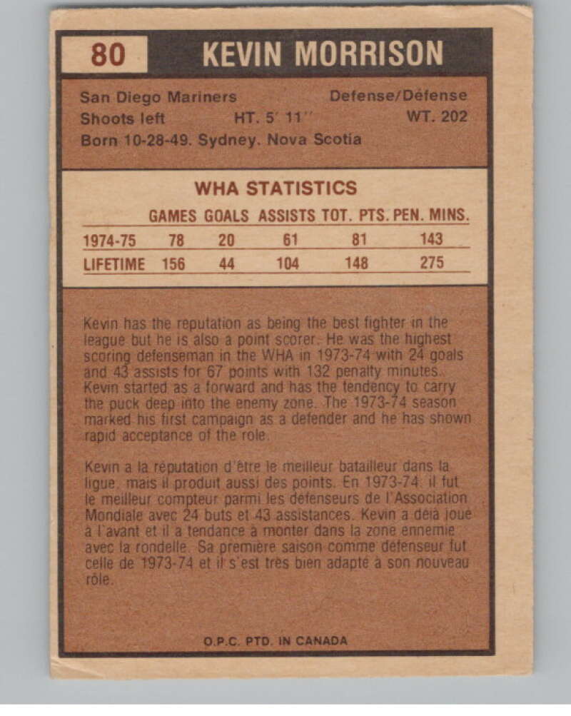 1975-76 O-Pee-Chee WHA #80 Kevin Morrison RC Rookie San Diego V103219 Image 2