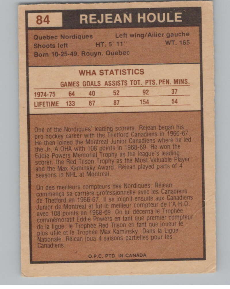 1975-76 O-Pee-Chee WHA #84 Rejean Houle Quebec Nordiques V103227 Image 2