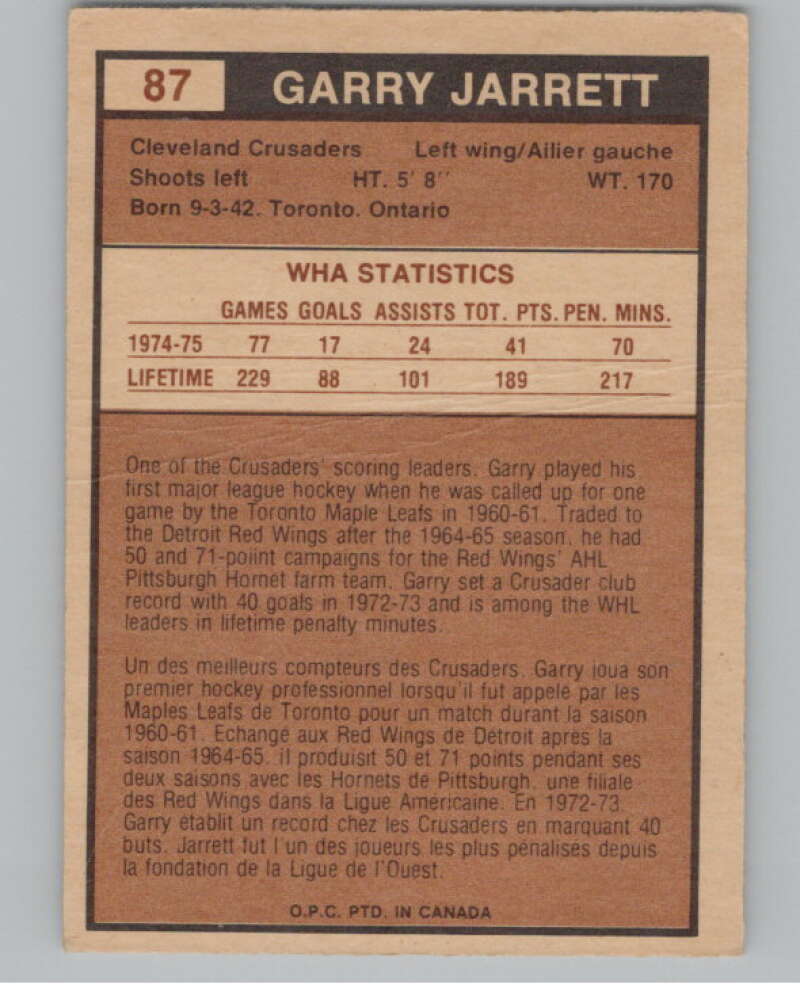 1975-76 O-Pee-Chee WHA #87 Gary Jarrett Cleveland Crusaders V103235 Image 2