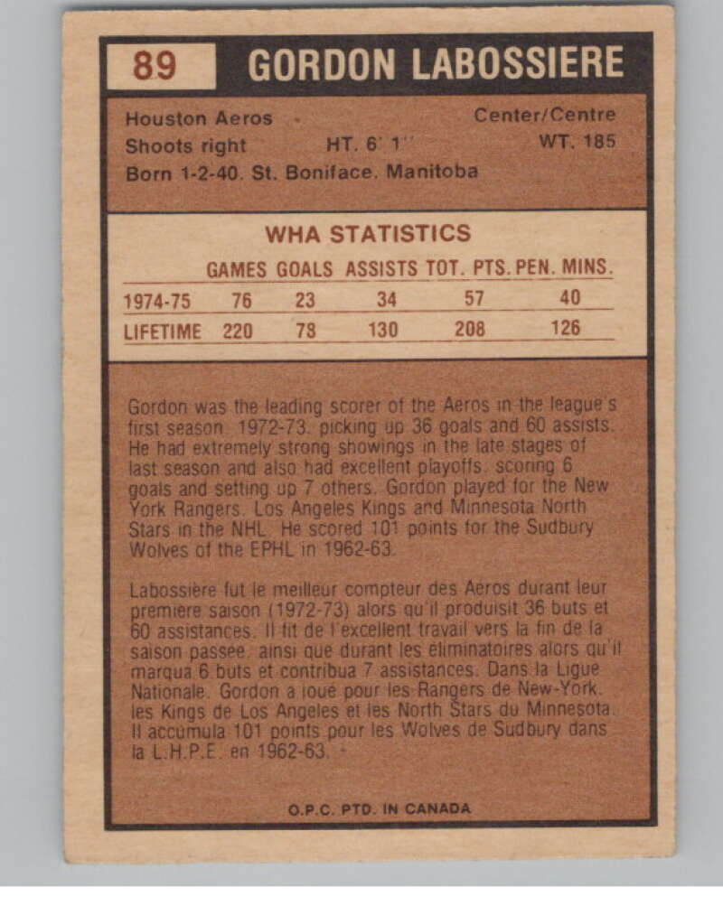 1975-76 O-Pee-Chee WHA #89 Gord Labossiere Houston Aeros V103238 Image 2