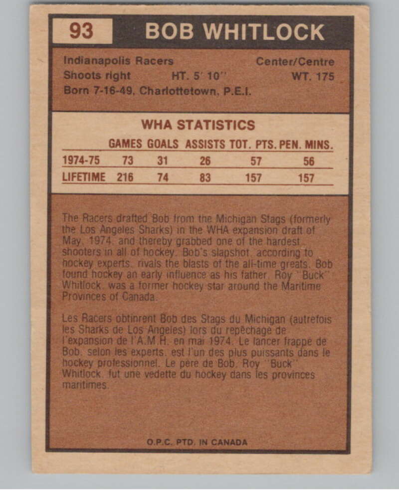 1975-76 O-Pee-Chee WHA #93 Bob Whitlock Indianapolis Racers V103244 Image 2