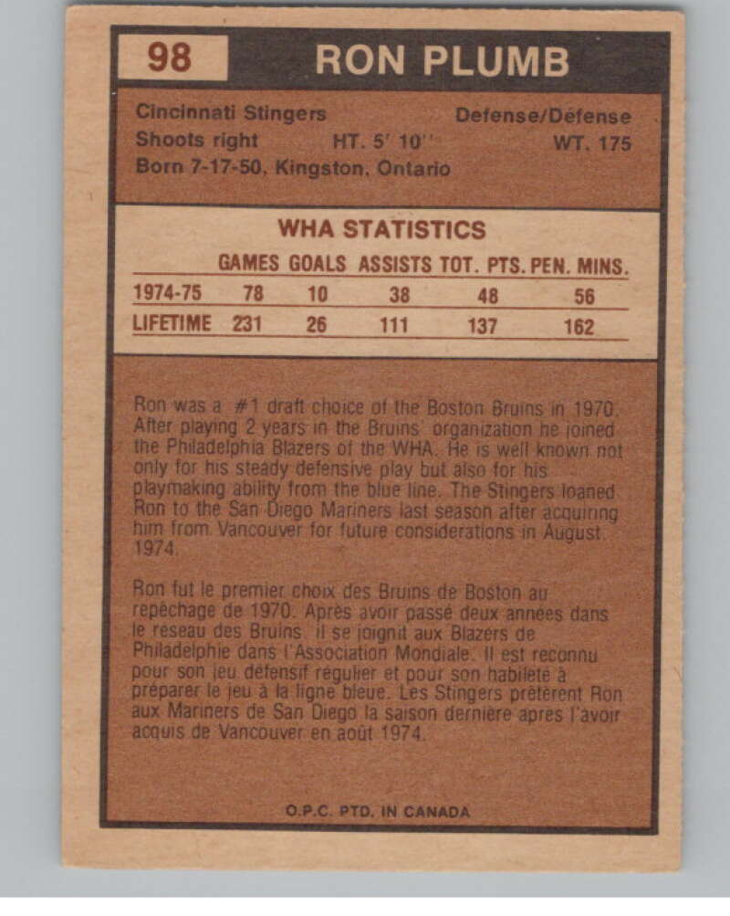 1975-76 O-Pee-Chee WHA #98 Ron Plumb RC Rookie Cincinnati Stingers V103249 Image 2