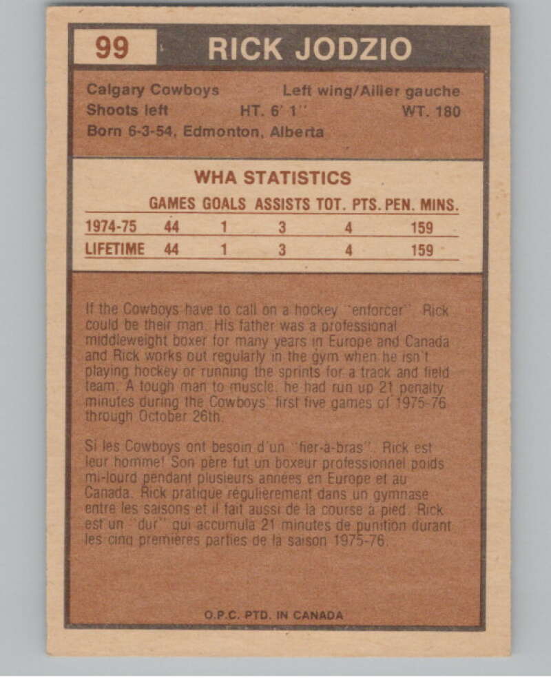 1975-76 O-Pee-Chee WHA #99 Rick Jodzio RC Rookie Calgary Cowboys V103251 Image 2