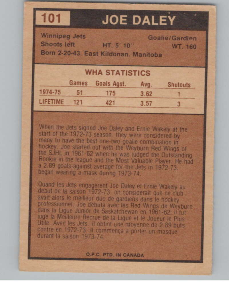 1975-76 O-Pee-Chee WHA #101 Joe Daley Winnipeg Jets V103252 Image 2
