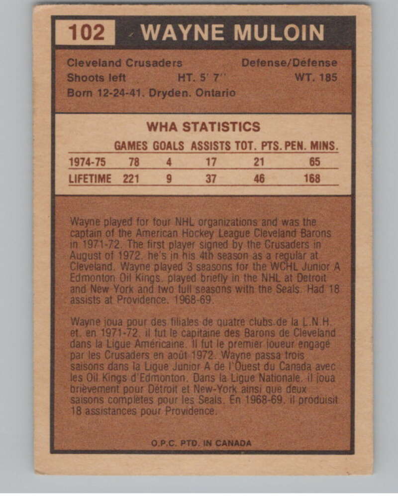1975-76 O-Pee-Chee WHA #102 Wayne Muloin RC Rookie Cleveland V103255 Image 2