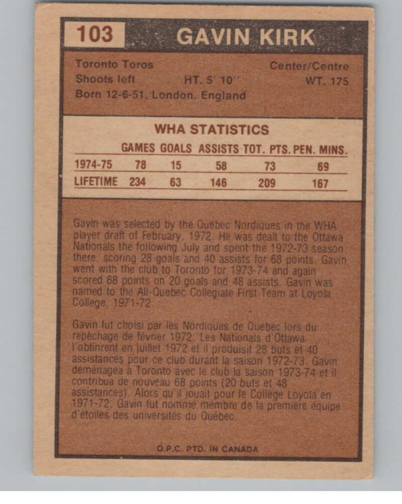 1975-76 O-Pee-Chee WHA #103 Gavin Kirk RC Rookie Toronto Toros V103257 Image 2