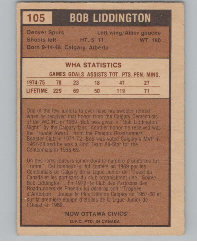 1975-76 O-Pee-Chee WHA #105 Bob Liddington RC Rookie Ottawa Civics V103258 Image 2