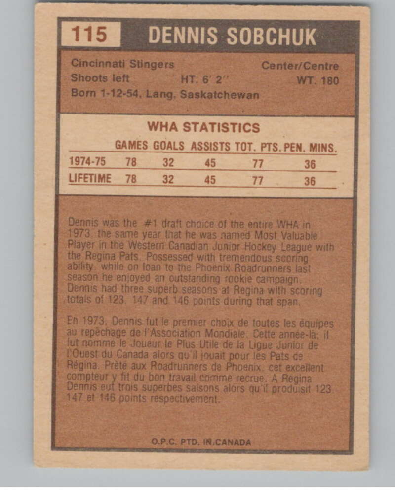 1975-76 O-Pee-Chee WHA #115 Dennis Sobchuk Cincinnati Stingers V103268 Image 2