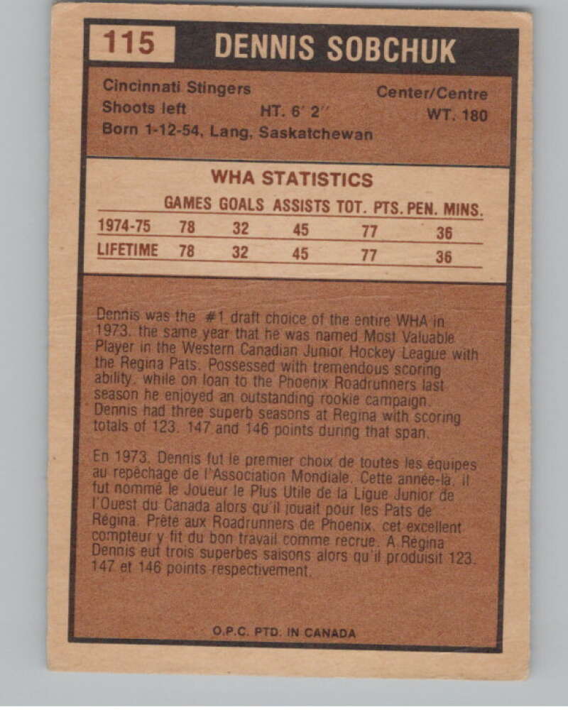 1975-76 O-Pee-Chee WHA #115 Dennis Sobchuk Cincinnati Stingers V103270 Image 2
