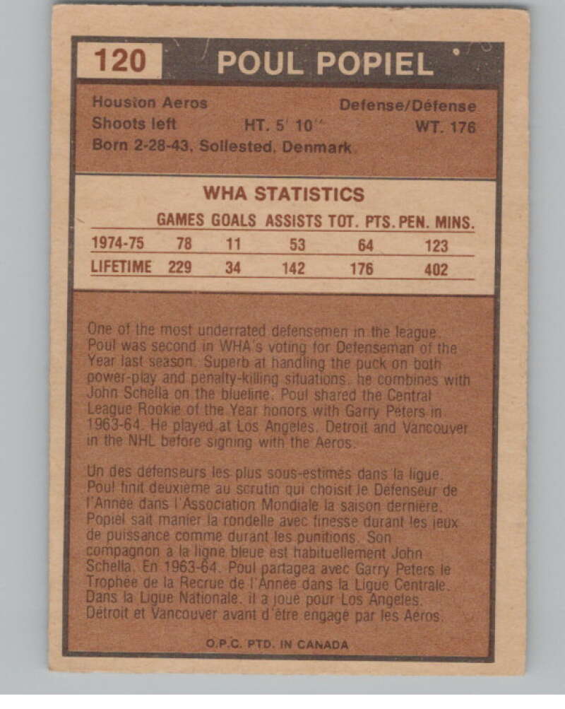 1975-76 O-Pee-Chee WHA #120 Poul Popiel Houston Aeros V103278 Image 2