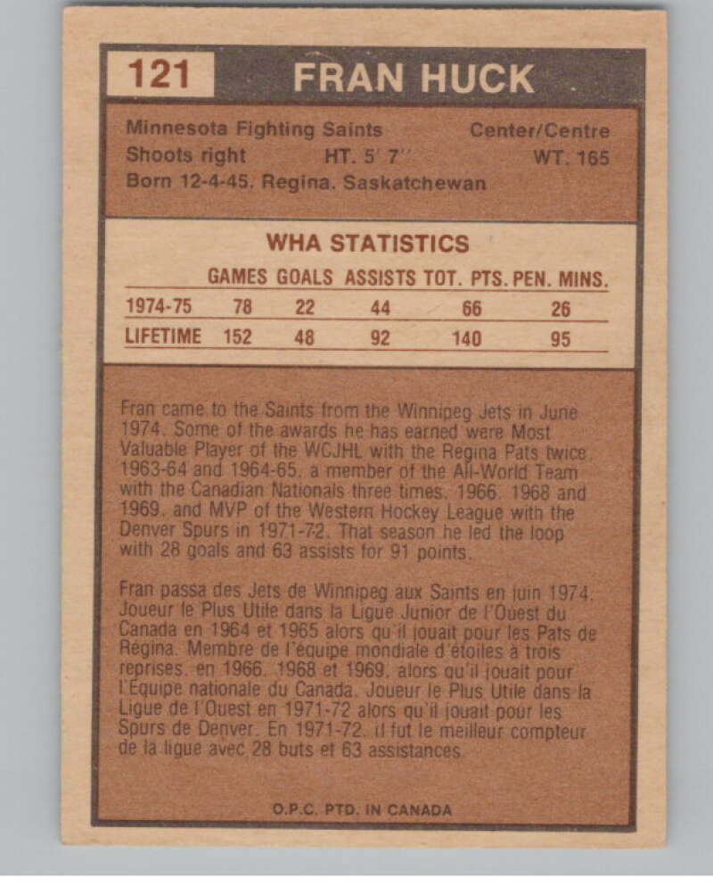 1975-76 O-Pee-Chee WHA #121 Fran Huck Minnesota Fighting Saints V103279 Image 2