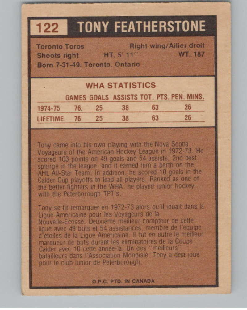 1975-76 O-Pee-Chee WHA #122 Tony Featherstone Toronto Toros V103282 Image 2