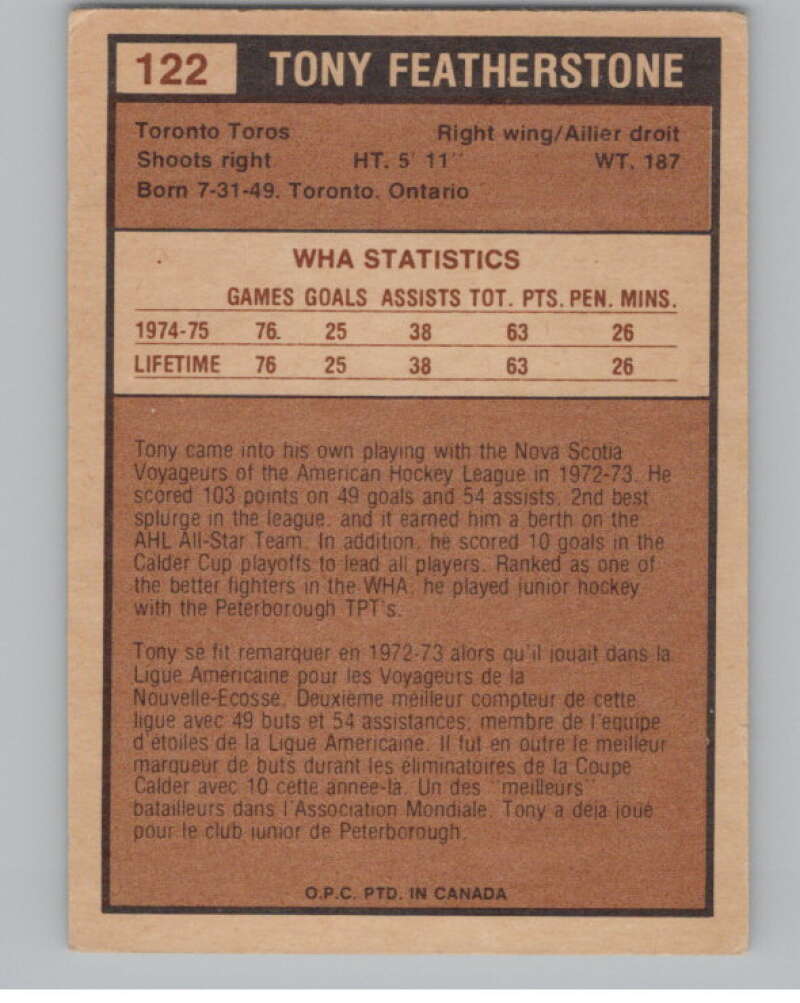 1975-76 O-Pee-Chee WHA #122 Tony Featherstone Toronto Toros V103283 Image 2
