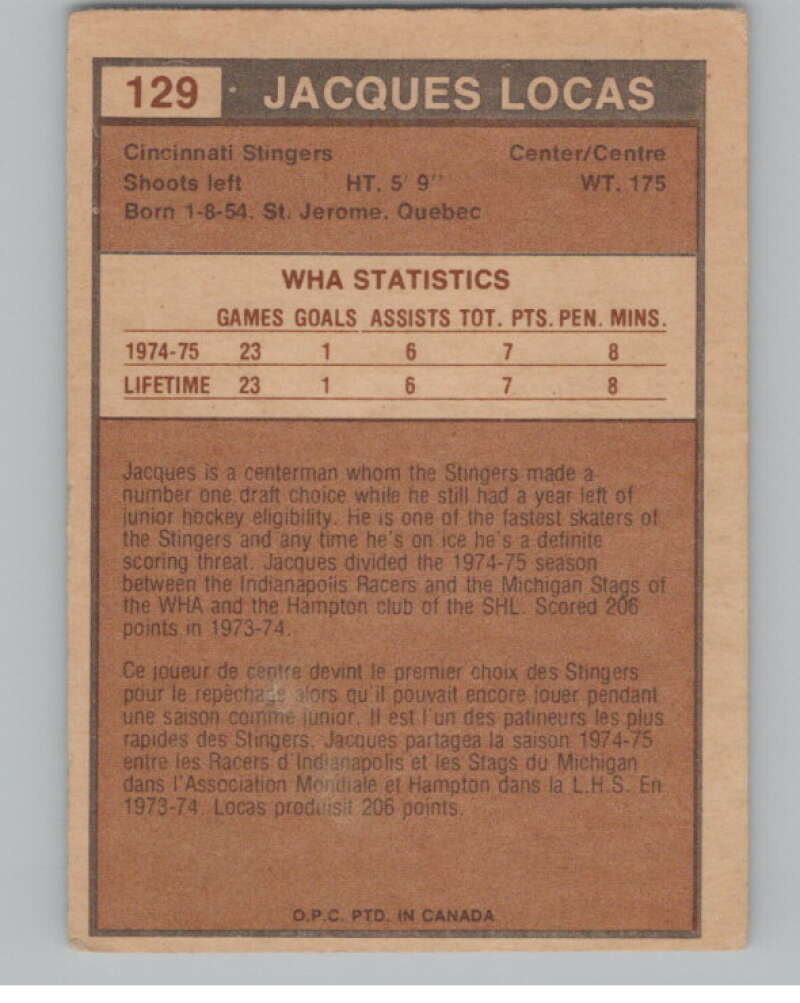 1975-76 O-Pee-Chee WHA #129 Jacques Locas RC Rookie Cincinnati Stingers V103293 Image 2