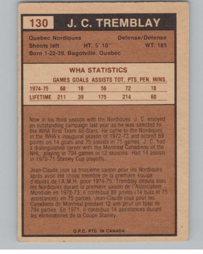 1975-76 O-Pee-Chee WHA #130 J.C. Tremblay Quebec Nordiques V103294 Image 2