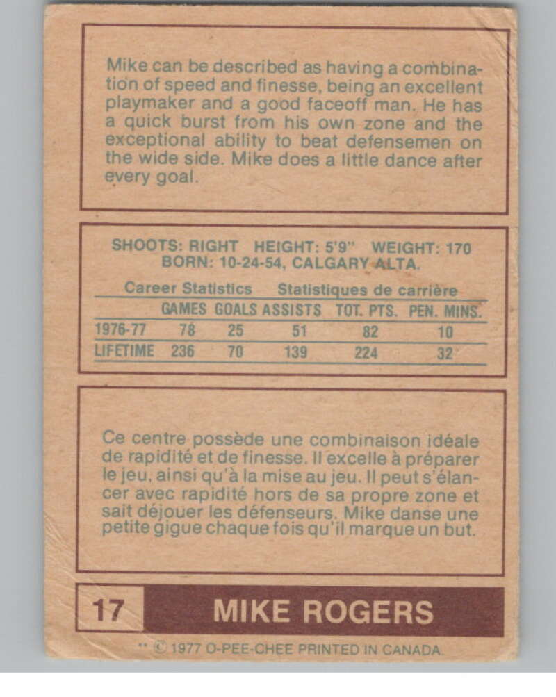 1977-78 O-Pee-Chee WHA #17 Mike Rogers New England Whalers V103303 Image 2