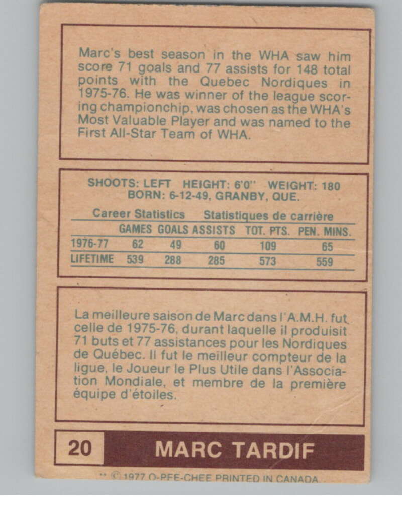 1977-78 O-Pee-Chee WHA #20 Marc Tardif Quebec Nordiques V103305 Image 2