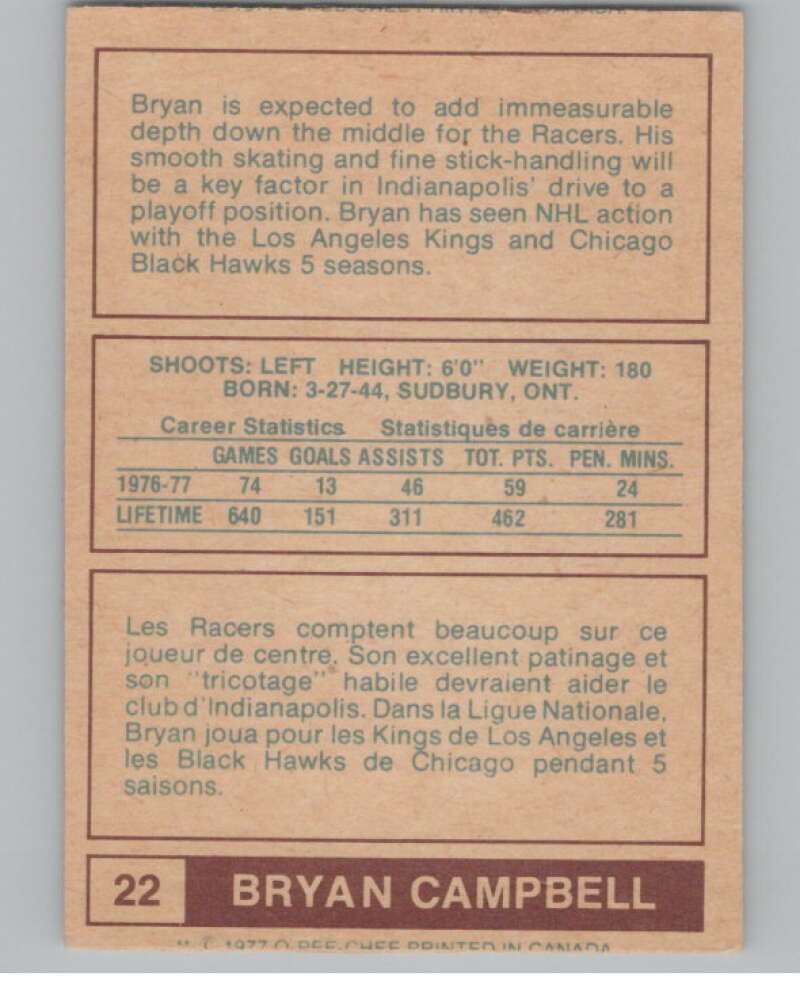 1977-78 O-Pee-Chee WHA #22 Bryan Campbell Edmonton Oilers V103306 Image 2