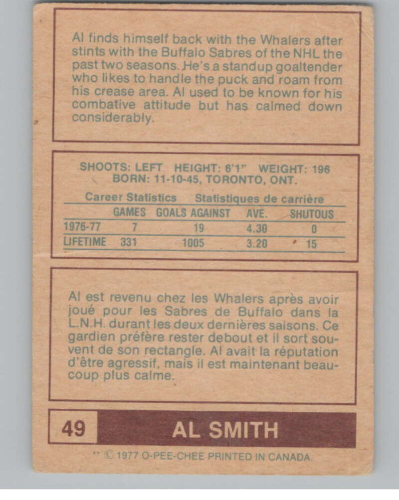 1977-78 O-Pee-Chee WHA #49 Al Smith New England Whalers V103320 Image 2