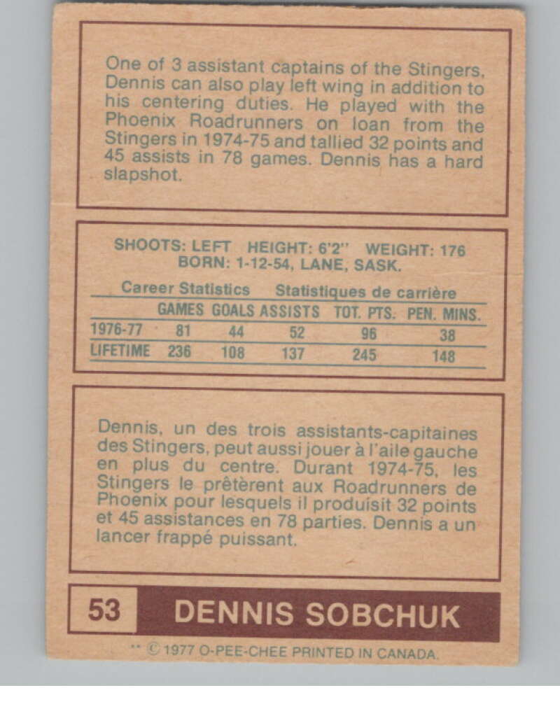 1977-78 O-Pee-Chee WHA #53 Dennis Sobchuk Cincinnati Stingers V103321 Image 2