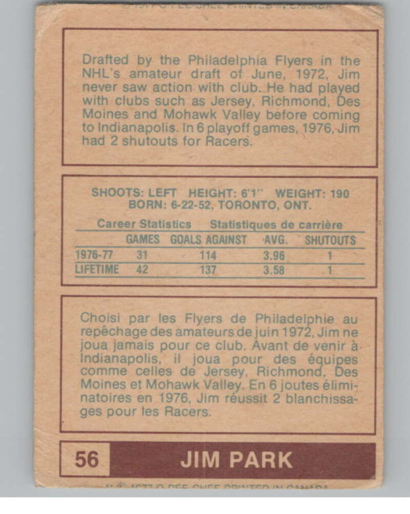 1977-78 O-Pee-Chee WHA #56 Jim Park RC Rookie Indianapolis Racers V103323 Image 2