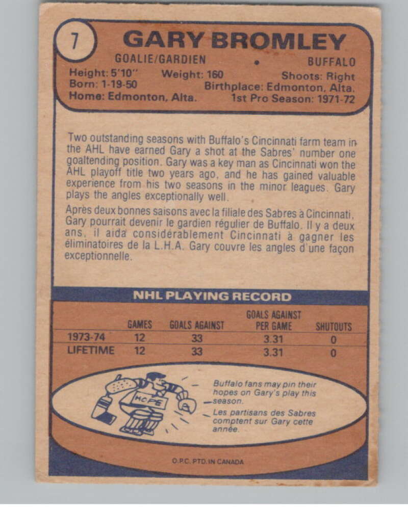 1974-75 O-Pee-Chee #7 Gary Bromley NHL RC Rookie Buffalo Sabres V103328 Image 2