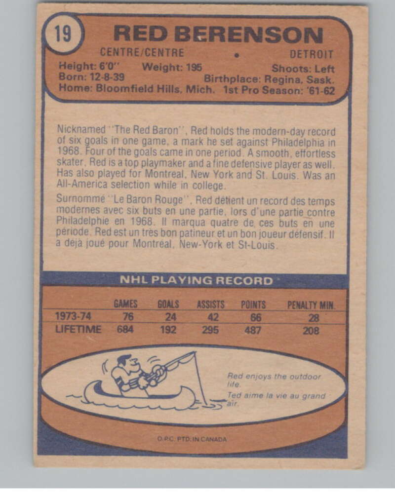 1974-75 O-Pee-Chee #19 Red Berenson NHL Detroit Red Wings V103331 Image 2