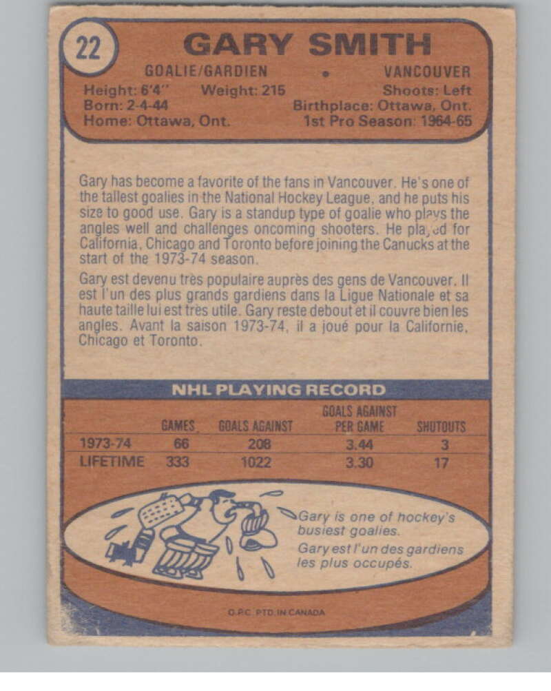 1974-75 O-Pee-Chee #22 Gary Smith NHL Vancouver Canucks V103332 Image 2
