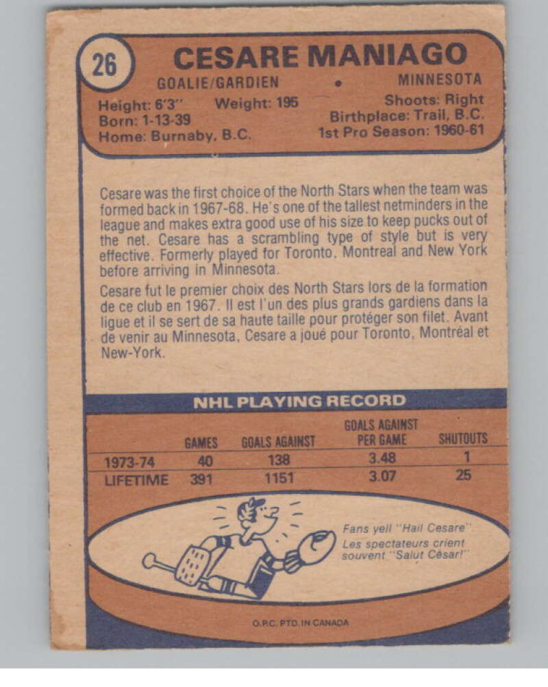 1974-75 O-Pee-Chee #26 Cesare Maniago NHL Minnesota North Stars V103333 Image 2