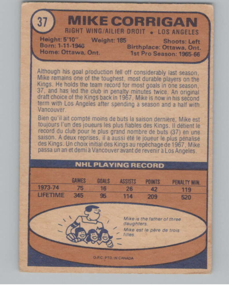 1974-75 O-Pee-Chee #37 Mike Corrigan NHL Los Angeles Kings V103338 Image 2