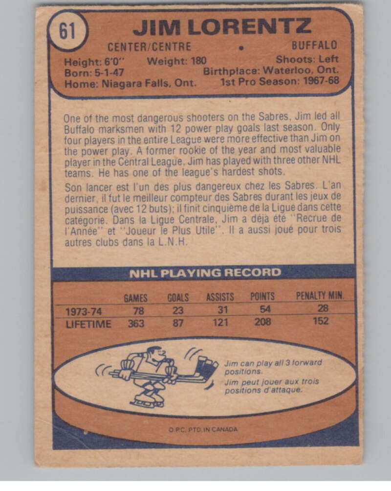 1974-75 O-Pee-Chee #61 Jim Lorentz NHL Buffalo Sabres V103342 Image 2
