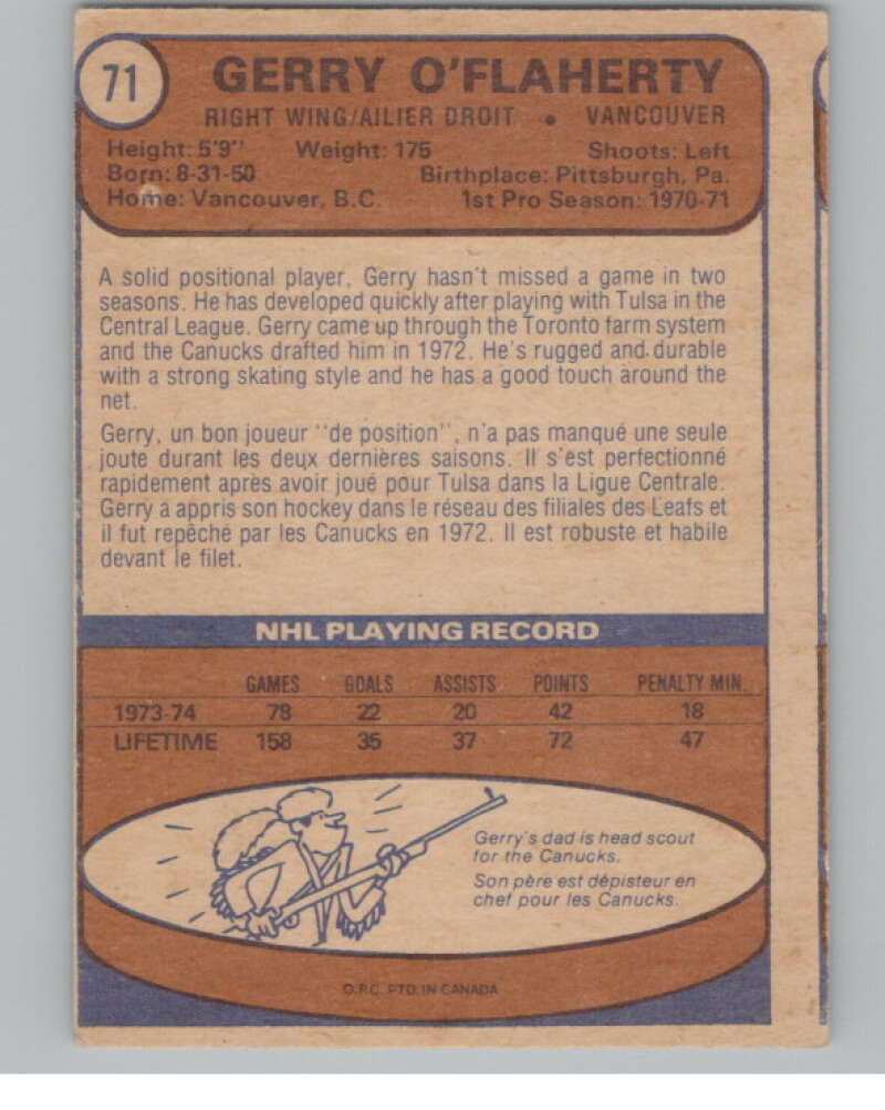 1974-75 O-Pee-Chee #71 Gerry O'Flaherty NHL Vancouver Canucks V103346 Image 2