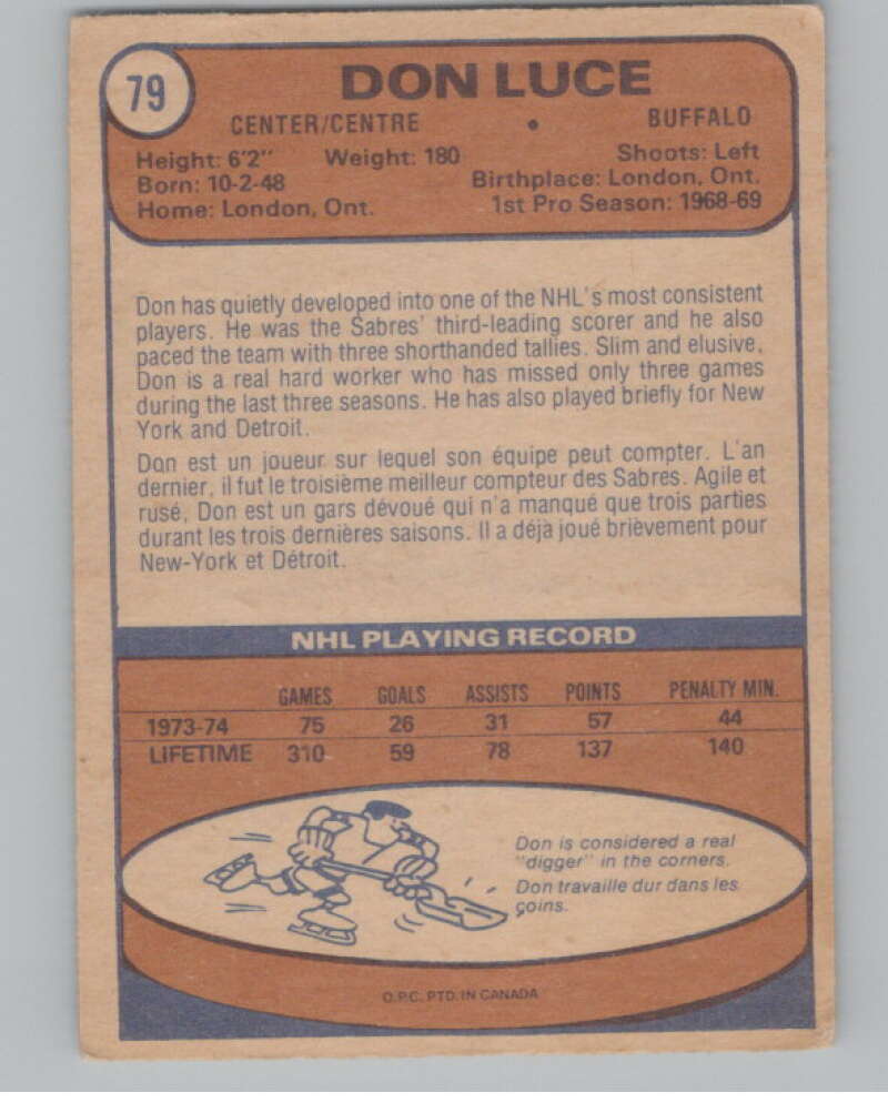 1974-75 O-Pee-Chee #79 Don Luce NHL Buffalo Sabres V103347 Image 2