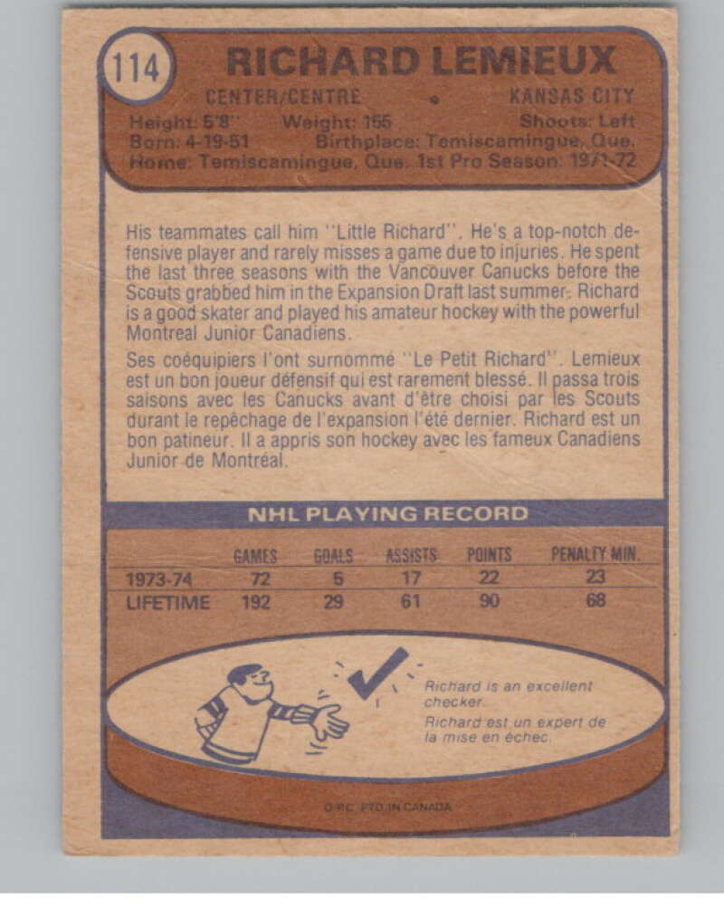1974-75 O-Pee-Chee #114 Richard Lemieux NHL Kansas City Scouts V103354 Image 2