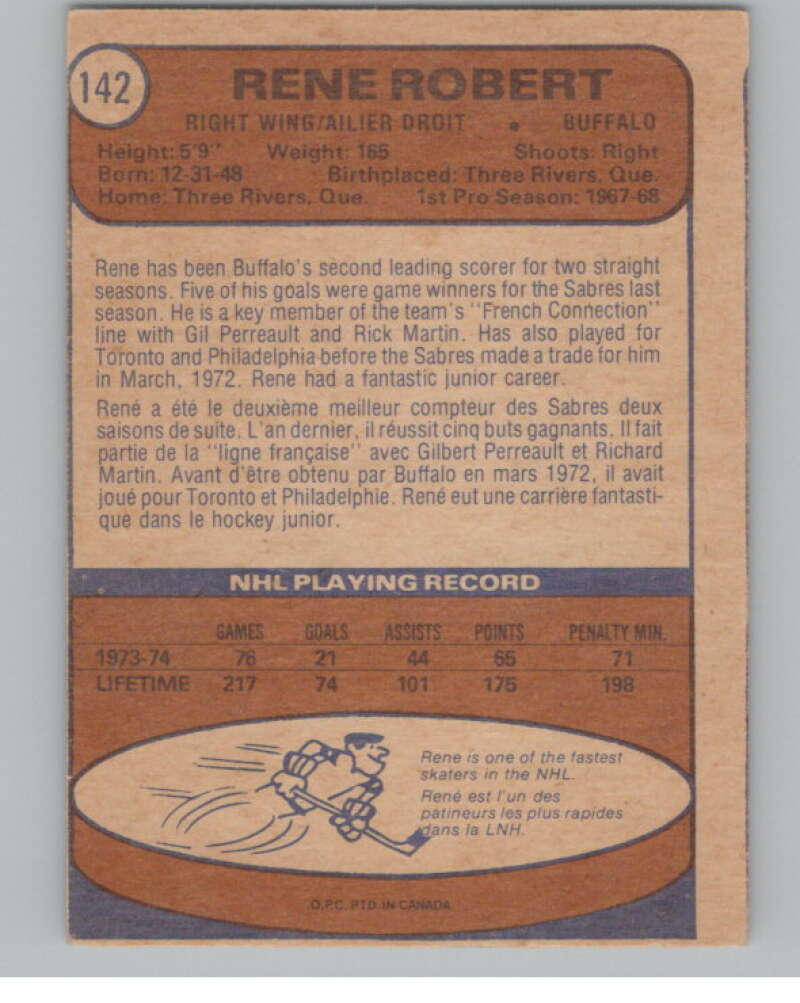 1974-75 O-Pee-Chee #142 Rene Robert NHL Buffalo Sabres V103359 Image 2