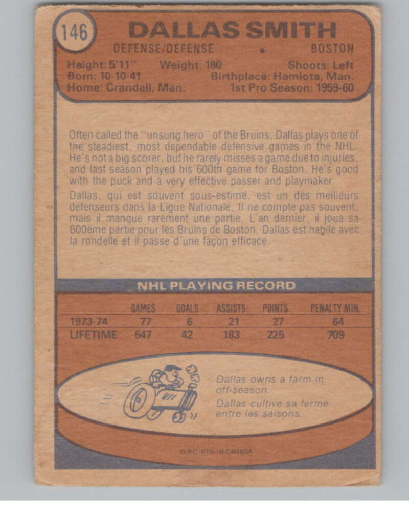 1974-75 O-Pee-Chee #146 Dallas Smith NHL Boston Bruins V103360 Image 2