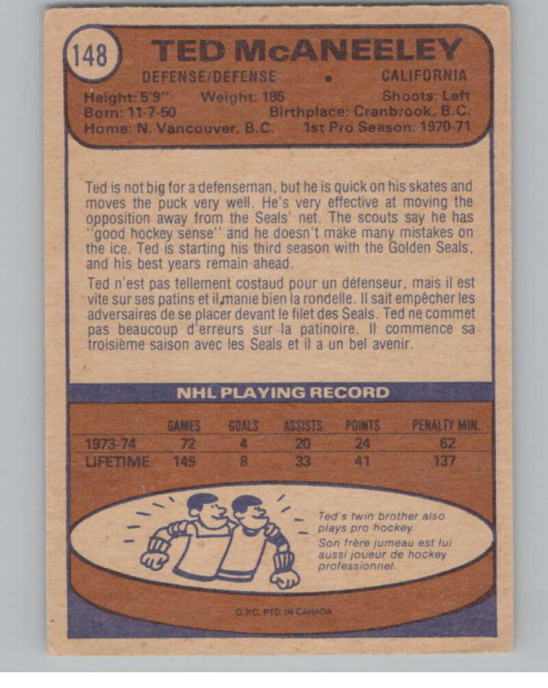 1974-75 O-Pee-Chee #148 Ted McAneeley NHL California Golden Seals V103361 Image 2