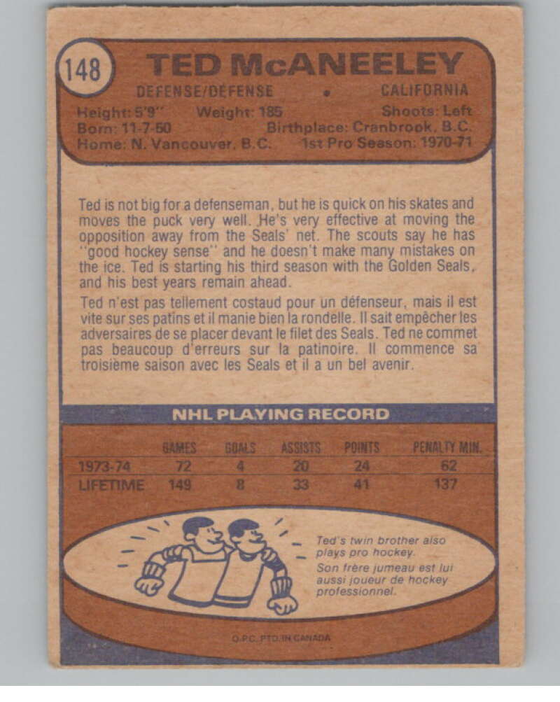 1974-75 O-Pee-Chee #148 Ted McAneeley NHL California Golden Seals V103362 Image 2