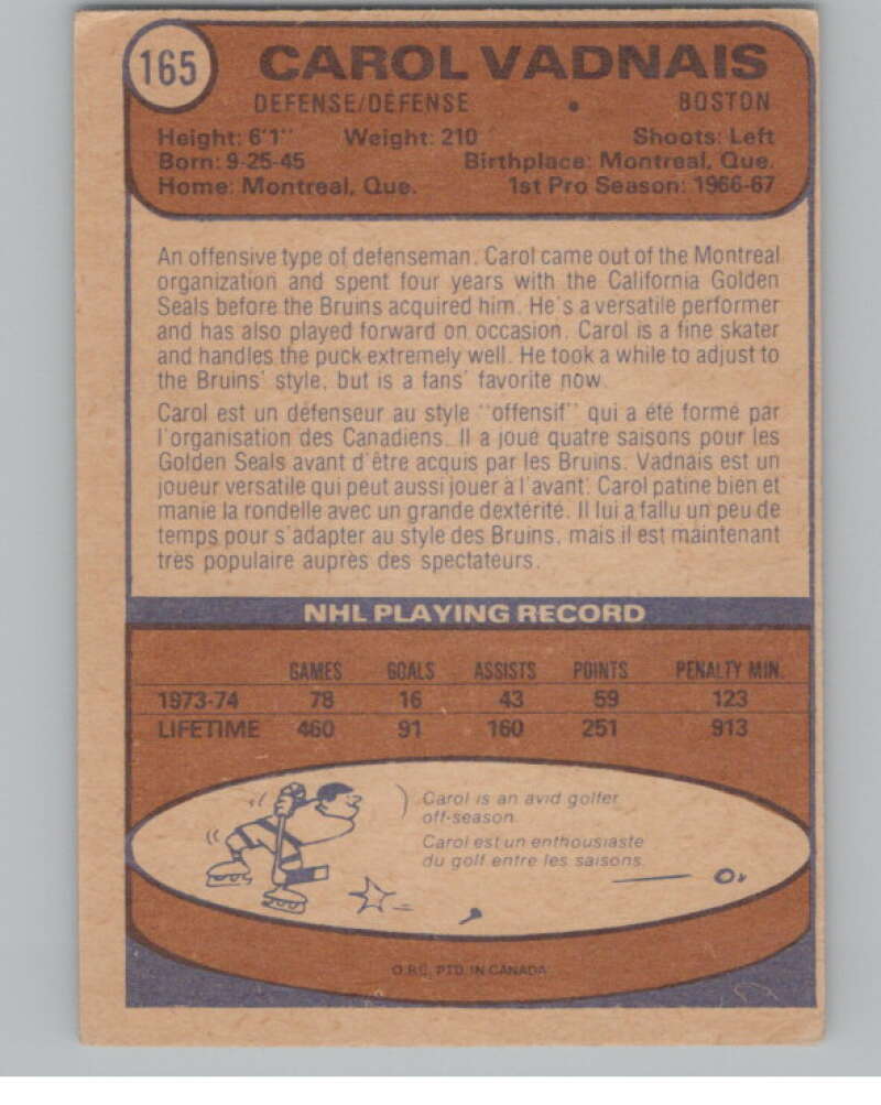 1974-75 O-Pee-Chee #165 Carol Vadnais NHL Boston Bruins V103367 Image 2