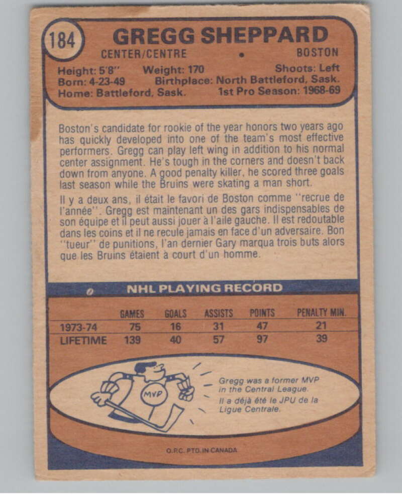 1974-75 O-Pee-Chee #184 Gregg Sheppard NHL Boston Bruins V103378 Image 2