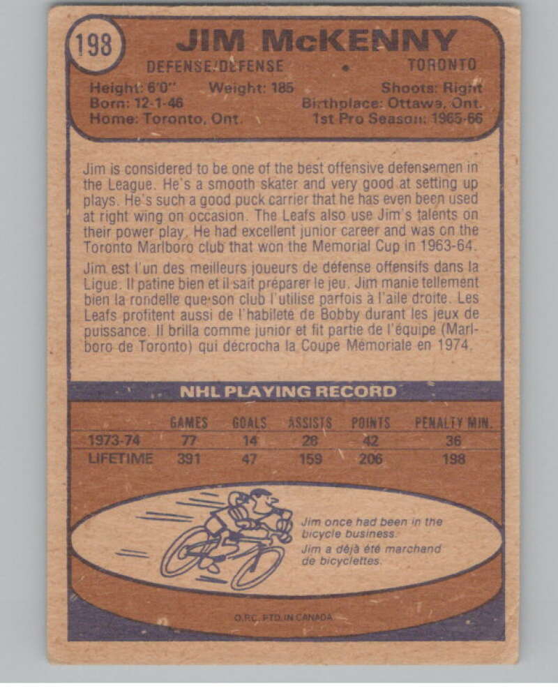 1974-75 O-Pee-Chee #198 Jim McKenny NHL Toronto Maple Leafs V103394 Image 2
