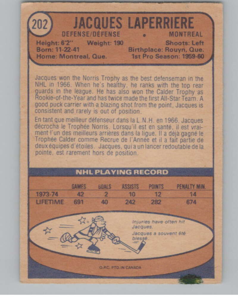 1974-75 O-Pee-Chee #202 Jacques Laperriere NHL Montreal Canadiens V103396 Image 2