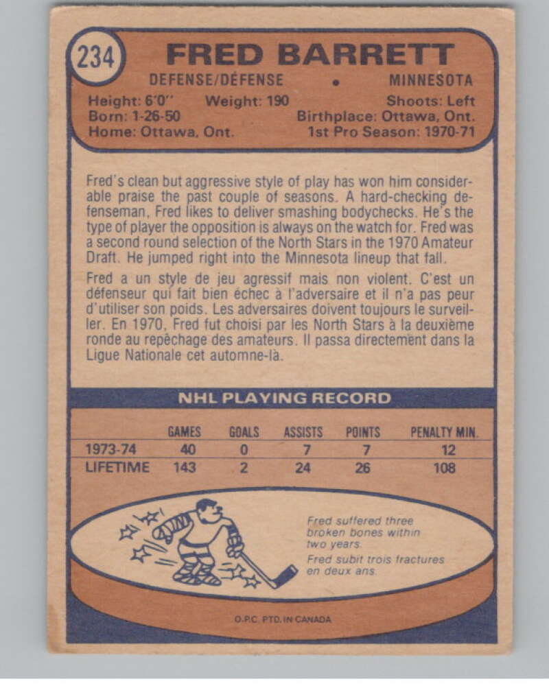 1974-75 O-Pee-Chee #234 Fred Barrett NHL Minnesota North Stars V103405 Image 2