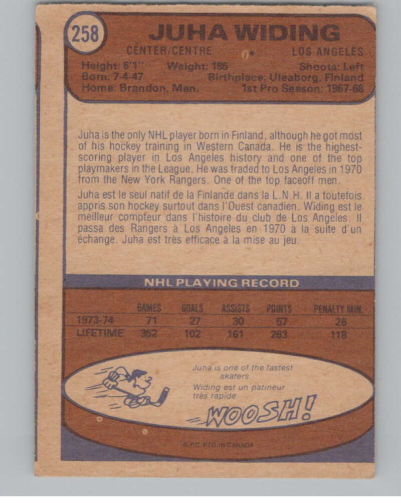 1974-75 O-Pee-Chee #258 Juha Widing NHL Los Angeles Kings V103411 Image 2