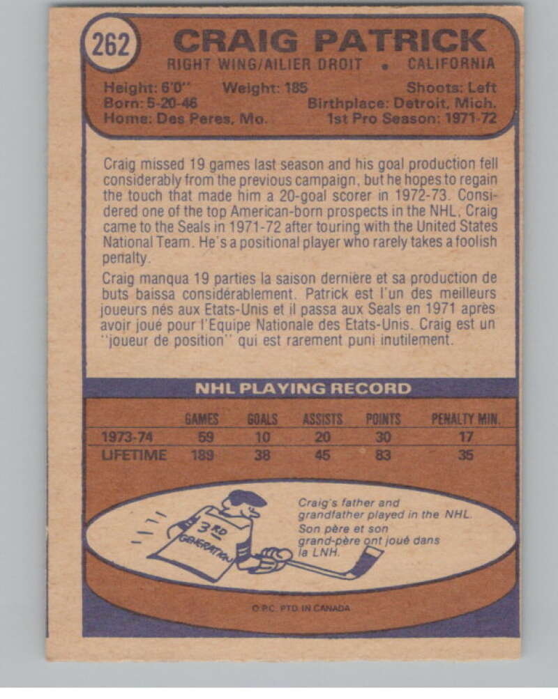 1974-75 O-Pee-Chee #262 Craig Patrick NHL California Golden Seals V103412 Image 2