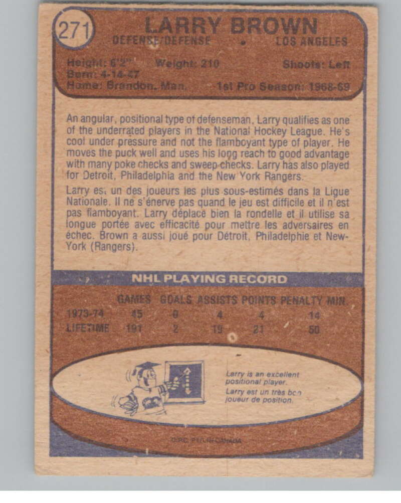 1974-75 O-Pee-Chee #271 Larry Brown NHL RC Rookie Los Angeles V103413 Image 2