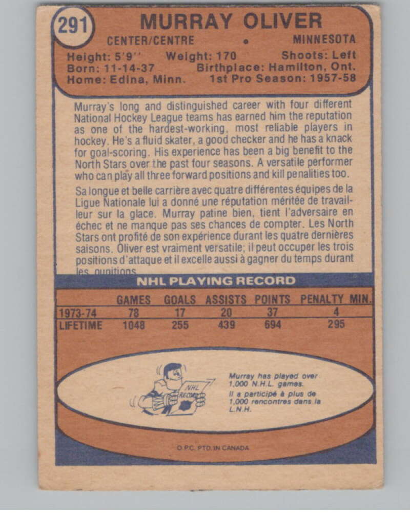 1974-75 O-Pee-Chee #291 Murray Oliver NHL Minnesota North Stars V103420 Image 2
